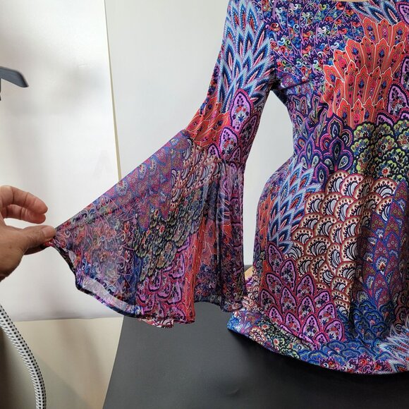 Bohemian/Retro Style Bell Sleeve Tunic Dress Multicolor Peacock Feather Print - Picture 11 of 16